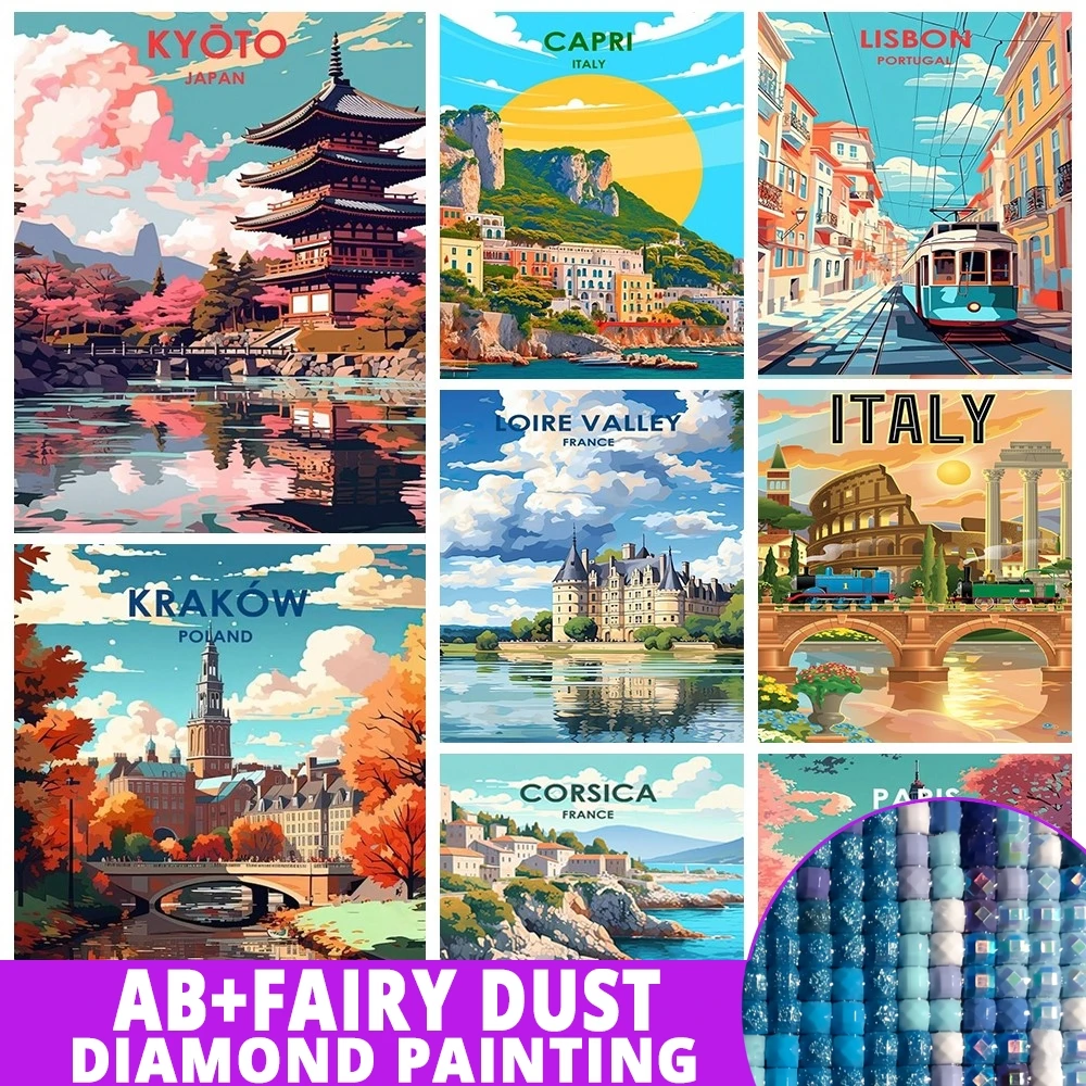 Fairy Dust AB Cartoon City Scenery Diamond Painting Kits Paris Korea Italy Rhinestone Mosaic Embroidery Wall Sticker Home Decor