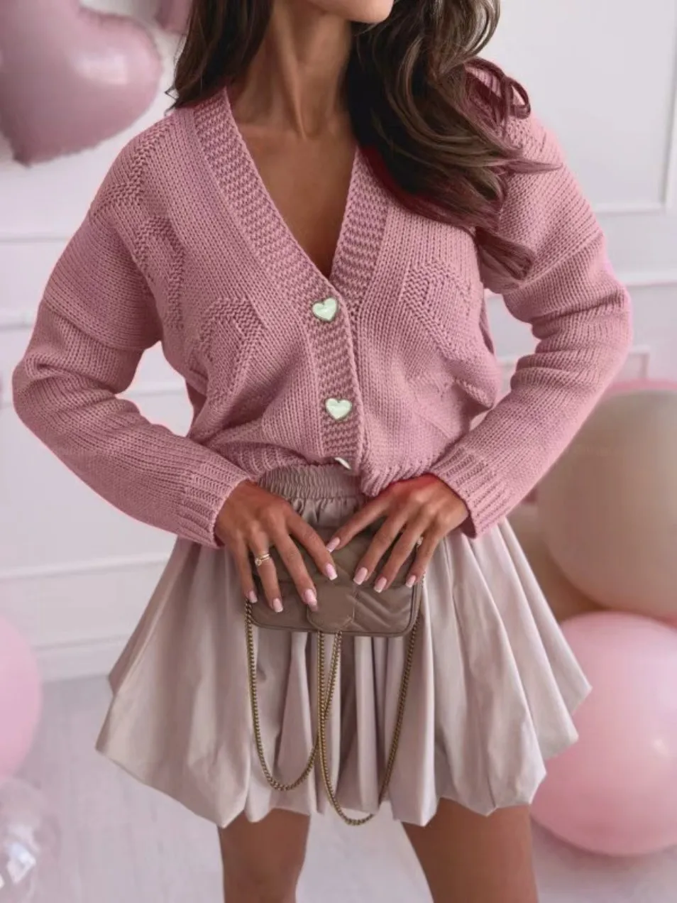 

Love Button Pink Knitted Long-Sleeved Blazer, suitable for autumn and winter, suitable for various outfits including daily and f