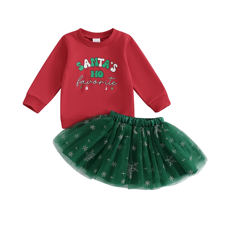 Little Girls Christmas 2PCS Skirt Outfits Long Sleeve Letter Print Sweatshirt Snowflake Print Tulle Skirt Set