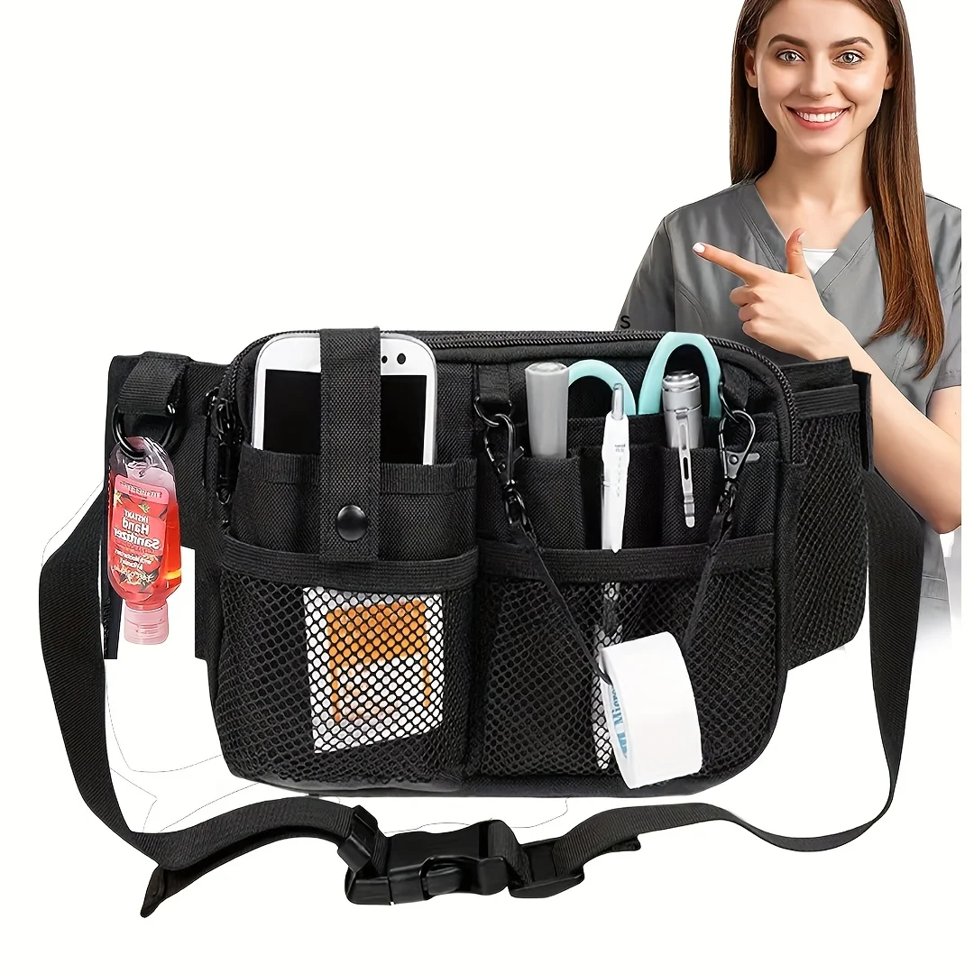 Medical Nurse Waist Bag with Tape Clip, Multi-Compartment Organizer Pouch for Stethoscope & Scissors, Black