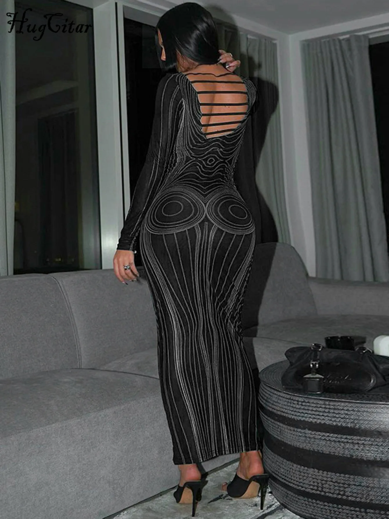 Hugcitar Striped Print Long Sleeve See Through Sexy Bodycon Maxi Dress 2024 Winter Women Y2K Evening Party Festival Clothes