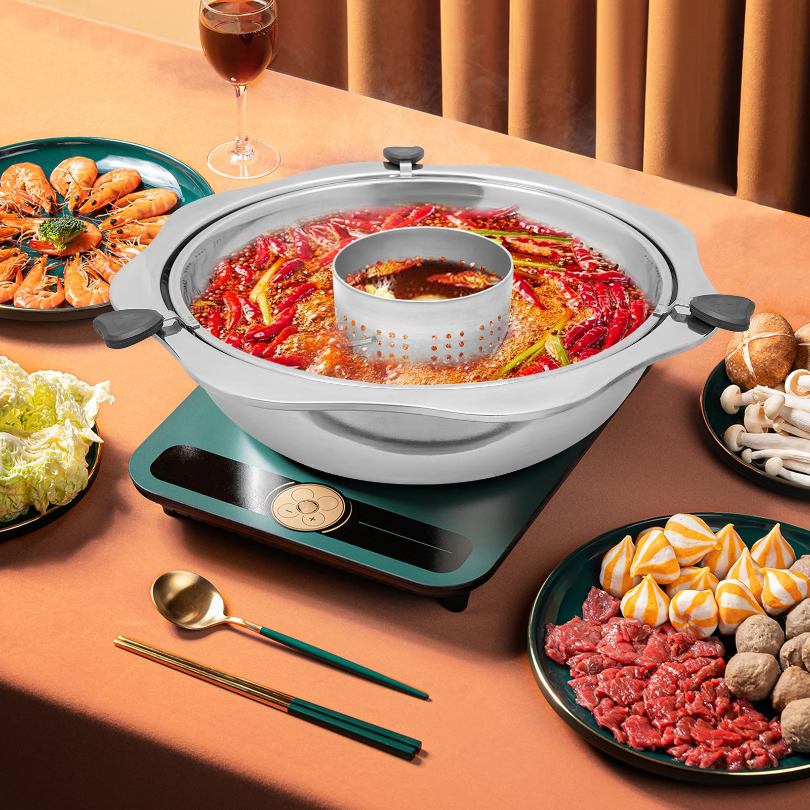 

Hot Pot Shabu Shabu 36cm Rotary Hot Pot Large Capacity Hot Pot With Divider Lifting Hot Pot Heat Resistance Widened Edges