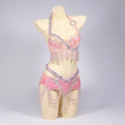 Vêtements de scène et de danse pour femmes, soutien-gorge perlé à paillettes, ceinture de danse du ventre, costume de biscuits trempé, financièrement, 2 pièces