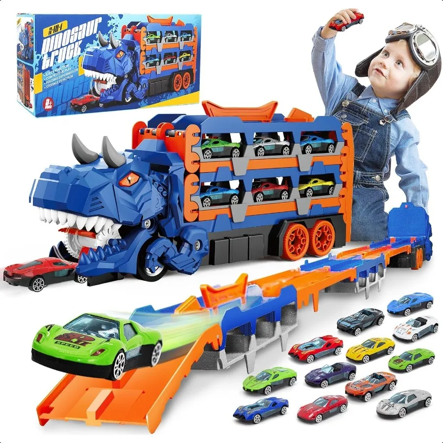 

Dinosaur Race Track Toys for 312 Transport Truck Toy with 12 Race Cars Transforming Dino Truck Set with 61.8 inch DualWay Folda