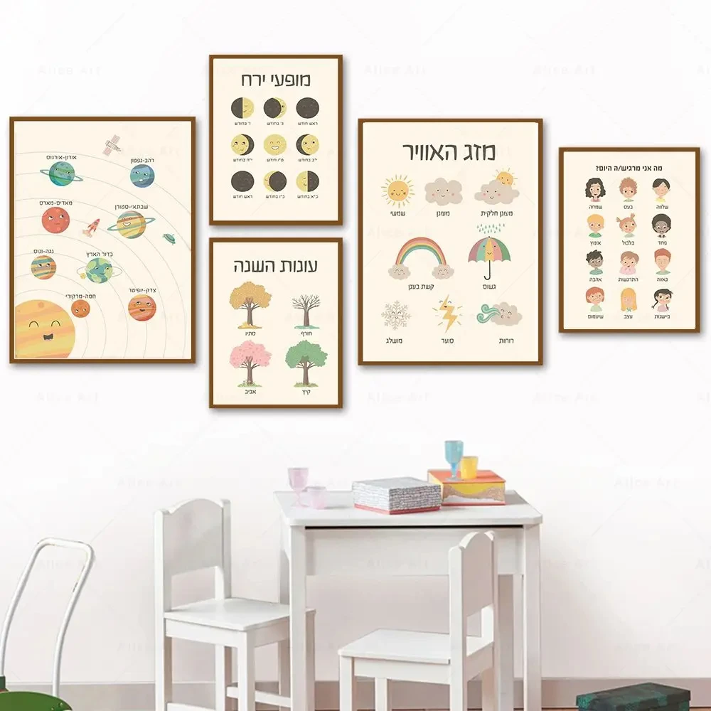 Hebrew Letters Alphabet Jewish Number Day Time Wall Art Canvas Painting Boho Posters And Prints Wall Pictures Kids Room Decor