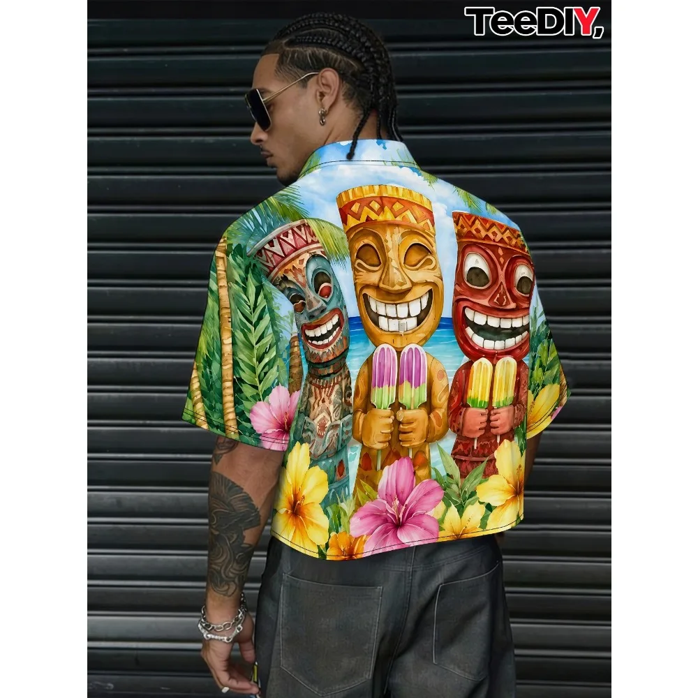 Cartoon Watercolor Three Tiki Statues Ice Cream Bar Tropical Floral Full Print Men Hawaii Vacation Button Down Crop Shirt