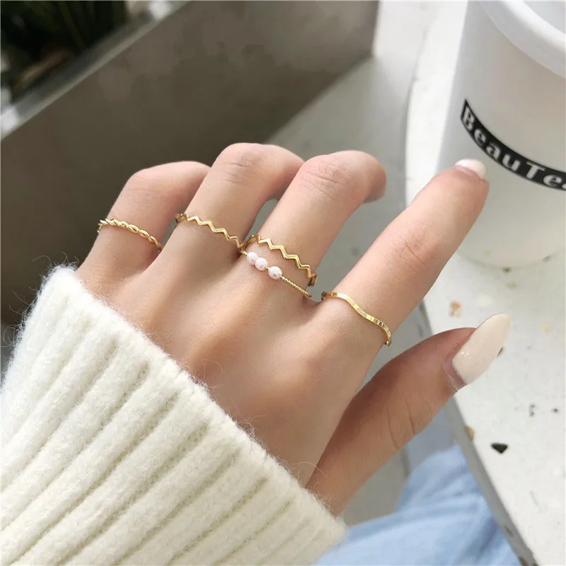 5pcs/set Women Rings Set New Boho Style Wave Shape Rings Gold Color Metal Open Rings Imitation Pearls Fingers Accessories view 5