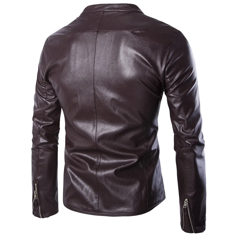 Men's British Mock Neck Motorcycle Leather Jacket, Punk Business Gentleman Coat, Autumn and Winter