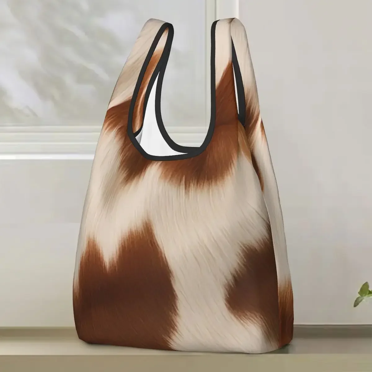 Stylish Cow Fur Cowhide Texture Cow Skin Print Patter Shopping Bag Portable Tote Bags Reusable Shoulder Shopper Bag