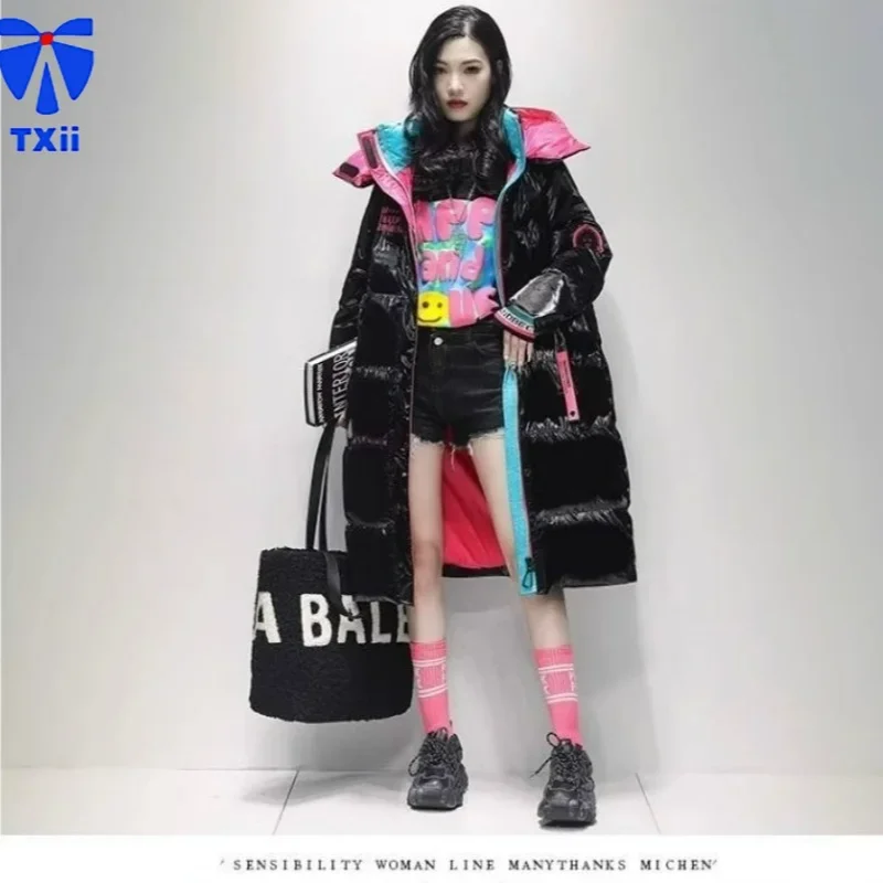 Winter Down Jacket Women White Duck Down Coats Loose Bright Fabric Long Parkas Fashion Patchwork Bread Jacket Casual Loose Parka