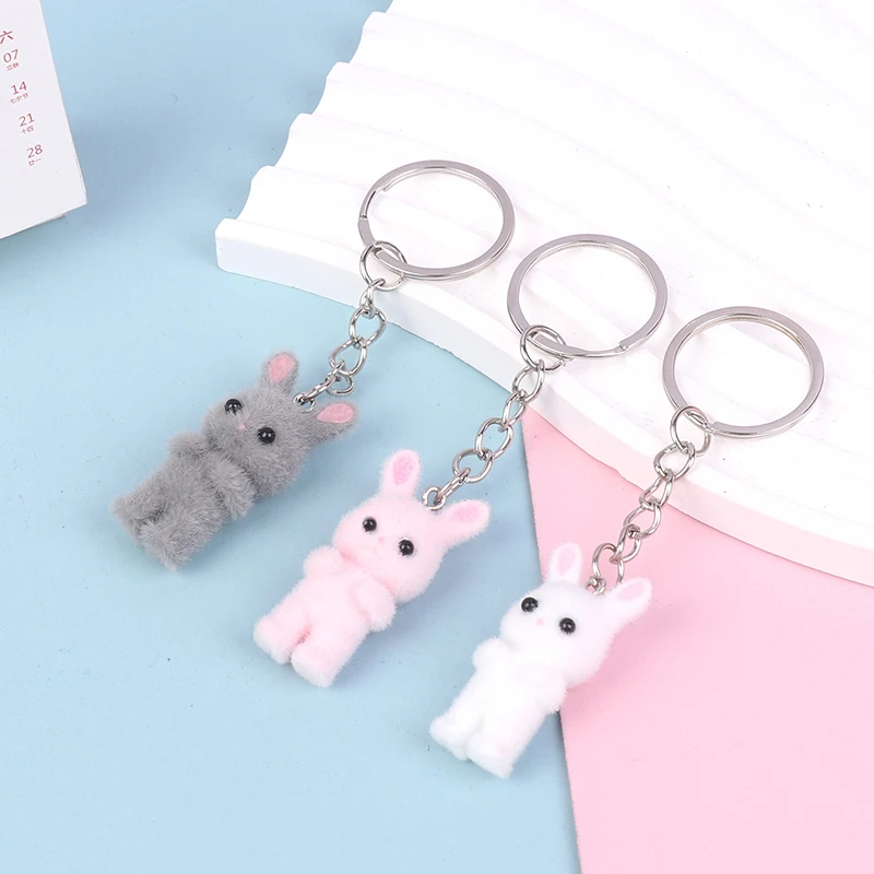 

3D Cartoon Flocking Rabbit Keychain Cute Flocked Bunny Animal Keyring Bag Pendant Backpack Charms Car Decor DIY Accessories Gift