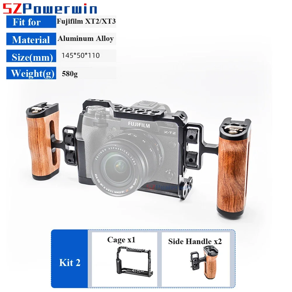 Powerwin For Fujifilm XT3 XT2 Camera Cage Rig Kit with wooden Handle Aluminum Alloy Multifunctional Arri Locating Screw