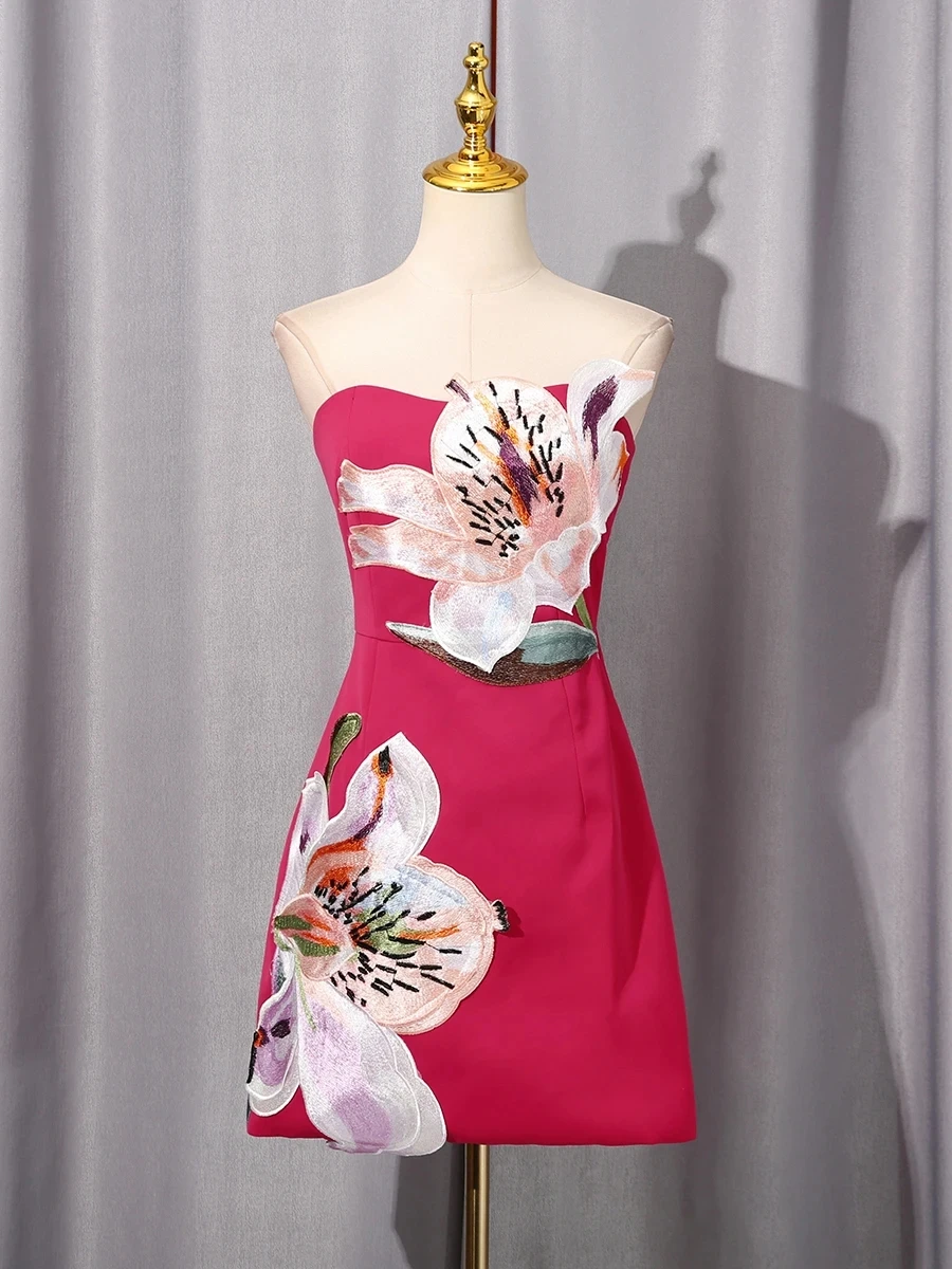 VGH 정장 이브닝 아플리케 디자인 드레스 여성용 스트랩리스 민소매 하이 웨이스트 슬리밍 우아한 미니 드레스 여성 스타일