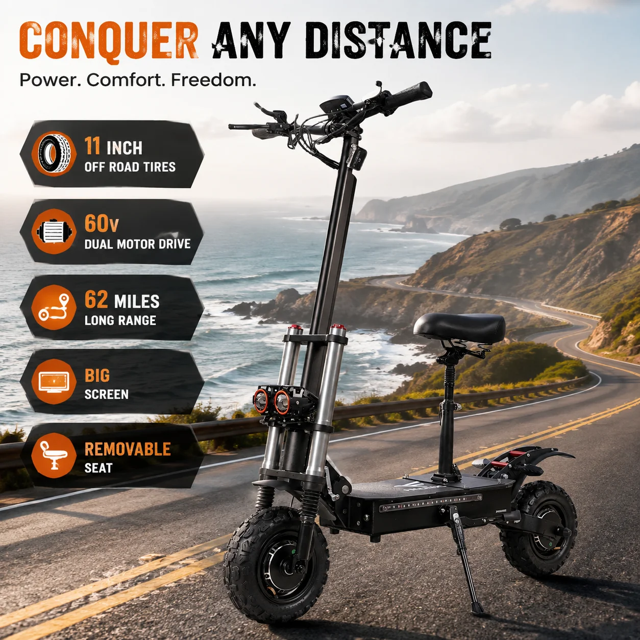 Freeboy J30MAX Dual Motor Electric Scooter 11 inch Tires All Terrain 6000W Strong Power 53 MPH Fast Speed 60V38AH Battery Long Range Full Suspension Front and Rear Hydraulic Brakes Big Screen Removable Seat LED Strip Rear Turn Signals Foldable Scooter
