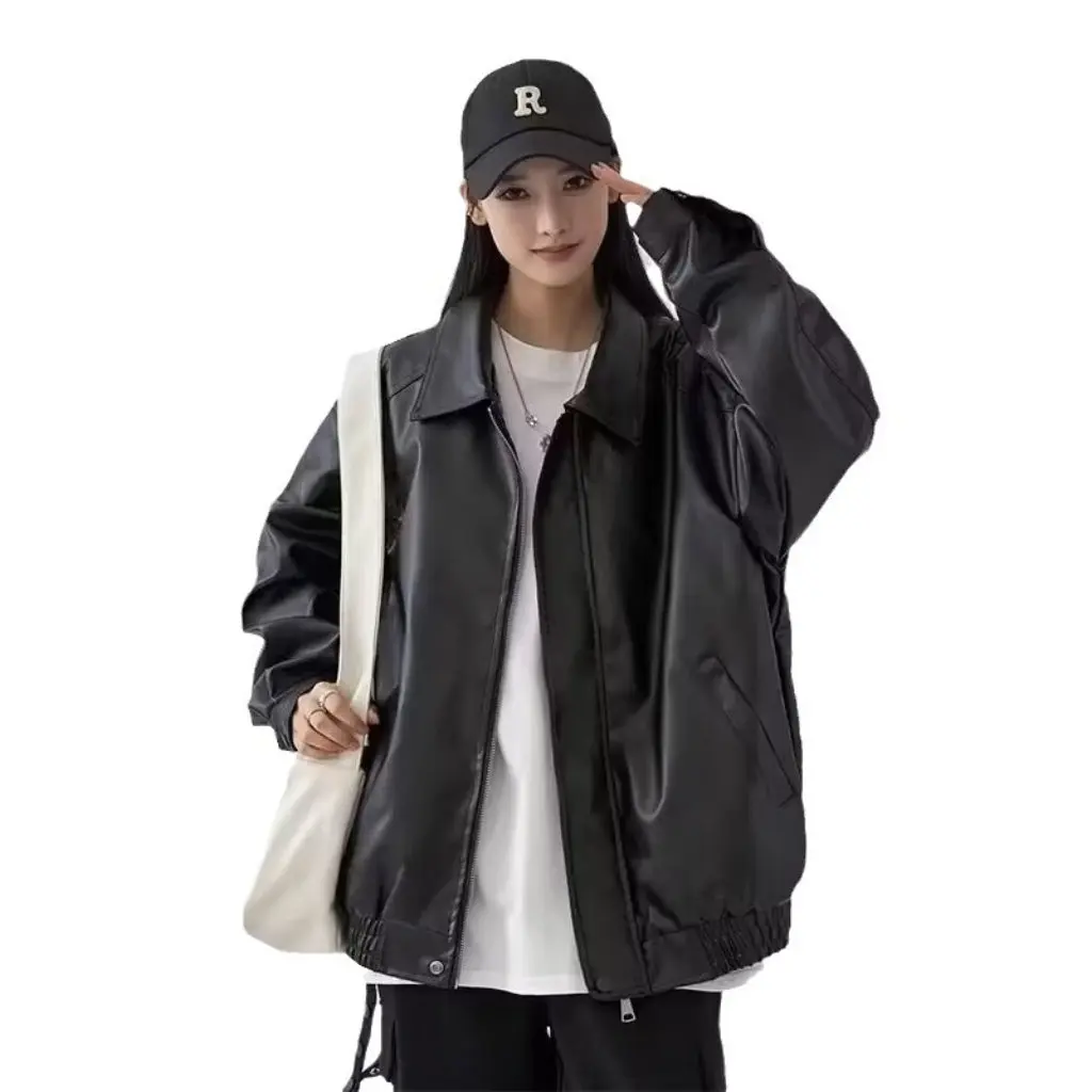 Men's And Women's Autumn PU Leather Hip Hop Jacket Retro American Motorcycle Style Solid Color Handsome Outerwear