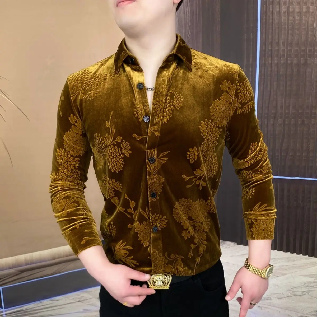 Luxury Gold Velour Shirts Mens Flowers Velvet Social Club Prom Party Wear Slim Fit Yellow Winter Stylish Clothes For Man Fashion