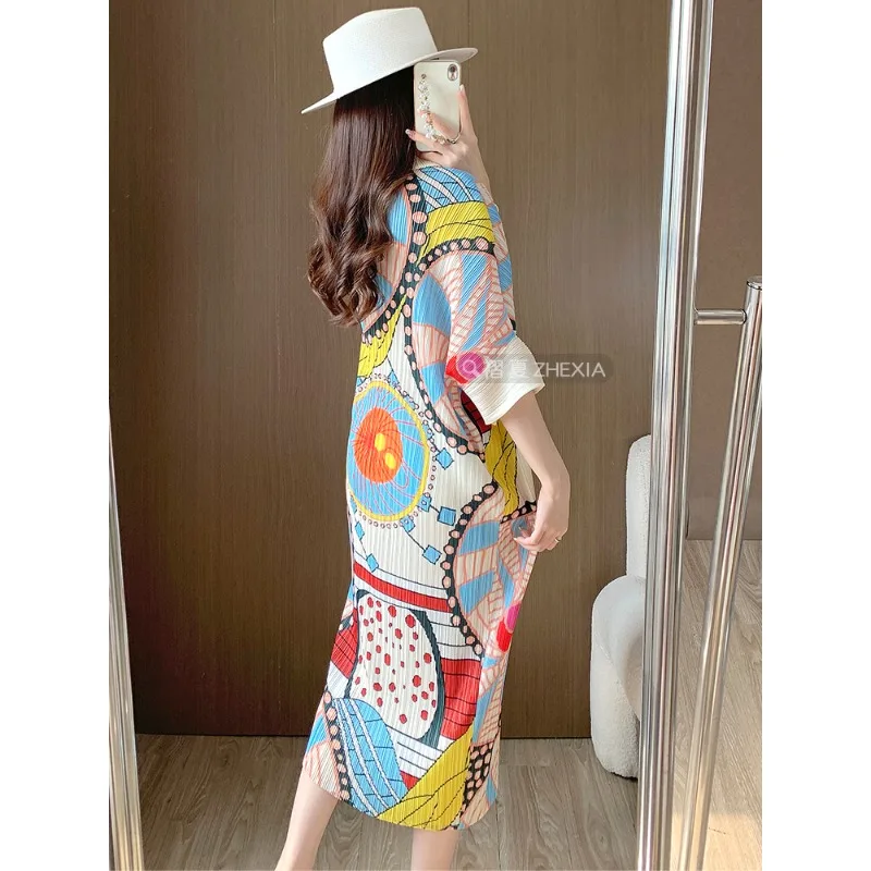 Miyake – robe longue plissée pour femmes, ample, grande taille, imprimé, revers, manches courtes, vêtements extensibles, grande taille, été