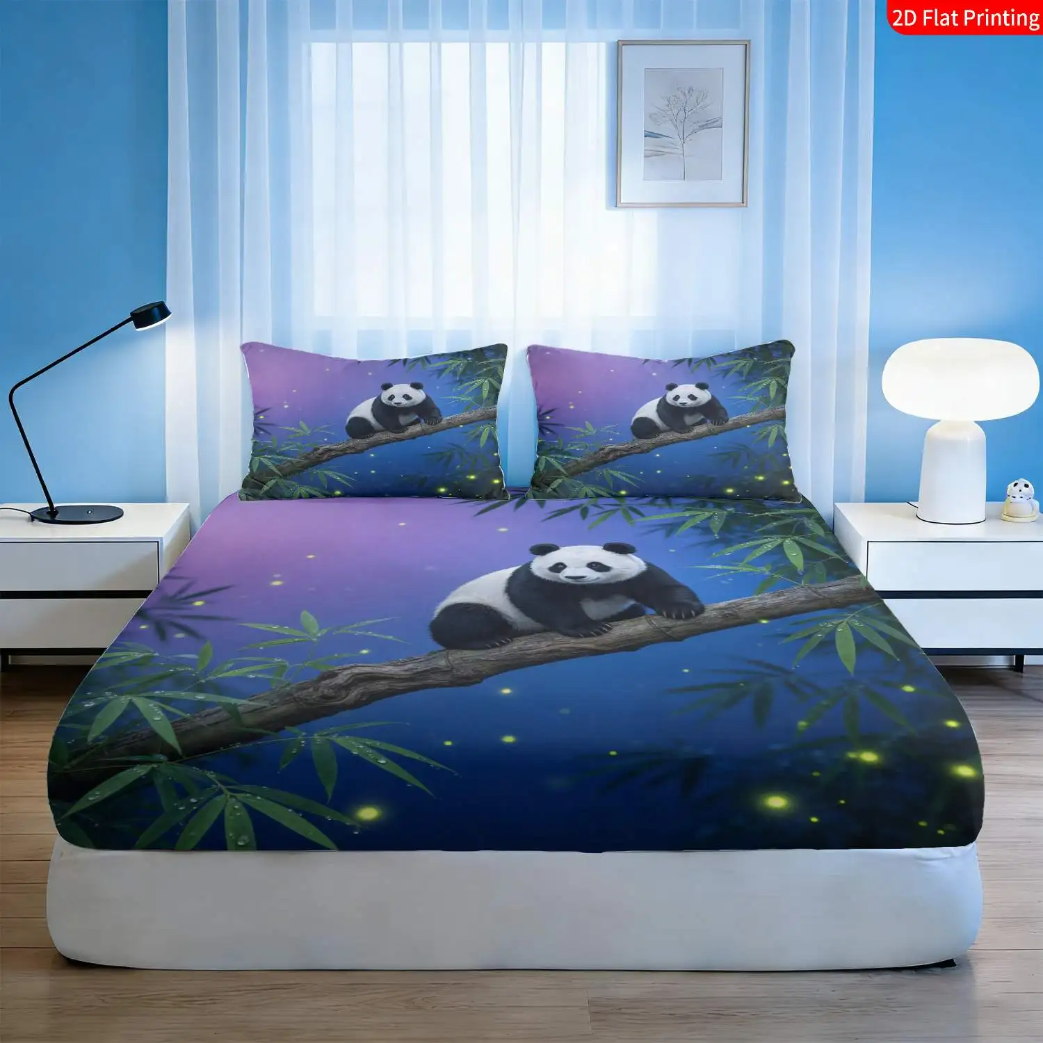 3-Piece Mattress Protector Set, 2D Flat Printed Fitted Sheet, Dreamy Panda Bedding, Bamboo Branches and Fireflies Holiday Fitted Sheet and Pillowcase, Mattress Protector, Stain-Resistant, Mattress Cover, Suitable for All Seasons, Machine Washable, Easy to Care For, Suitable for Home Bedroom, Essential for Dormitories and Rentals, Master Bedroom and Guest Room Decoration, Dust-Proof and Stain-Resistant, High Elasticity, Fits Various Sizes