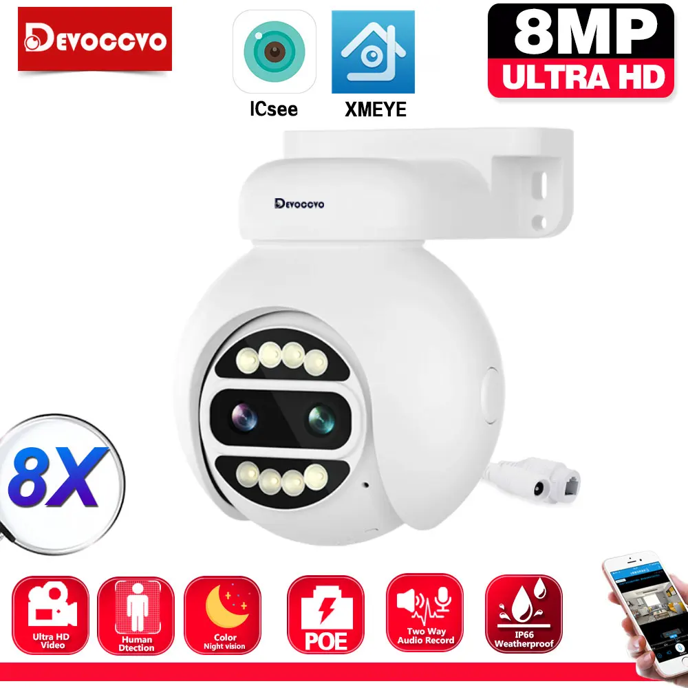 

ICsee 4K Dual Lens POE Camera 4MP+4MP 8MP HD 8X Zoom Two Ways Audio CCTV PTZ Security Night Vision Video Surveillance Cameras