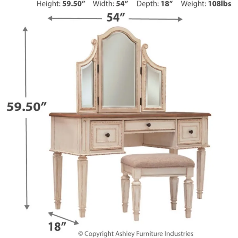 Realyn Traditional Cottage 3 Drawer Vanity Set with Dovetail Construction, Mirror & Stool Included, Chipped White, Distressed