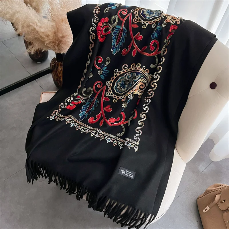 New imitation cashmere ethnic style embroidered tassel scarf for women autumn and winter warm double-sided neck air conditionin