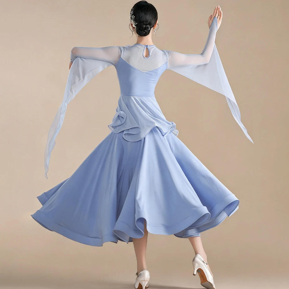 New Fashion 3D Flower Long Sleeve Women Ballroom Dance Dress Waltz Red Black Mesh Keyhole Ruffle Modern Practice Training Outfit