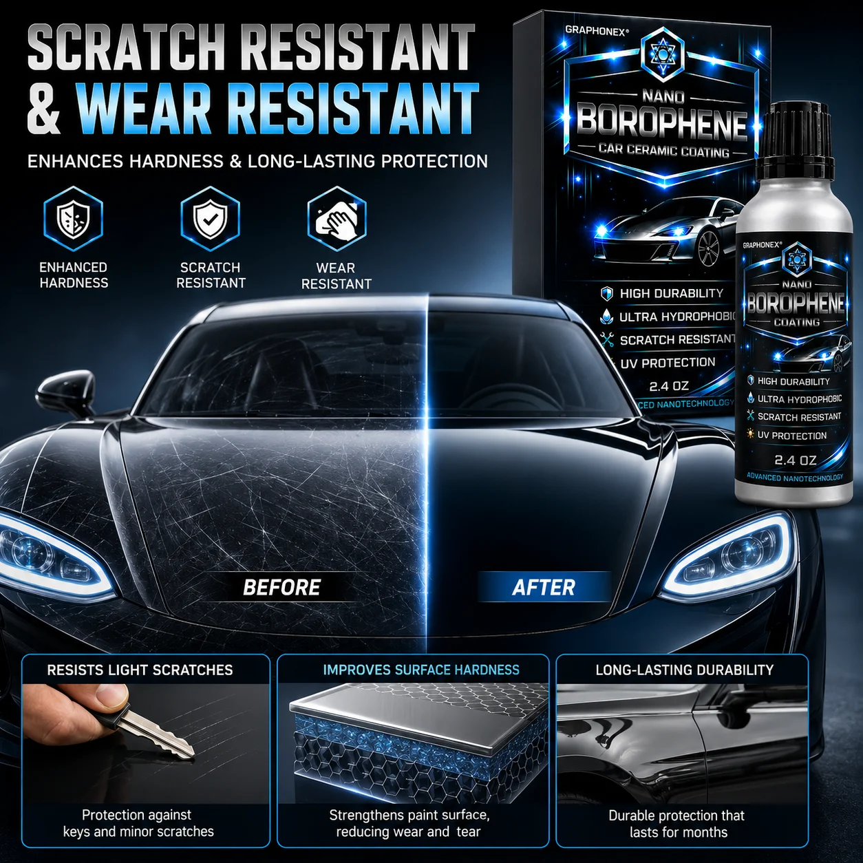 GRAPHONEX Nano Borophene Car Ceramic Coating – Ultra-Hydrophobic, Scratch Resistant, UV Protection, High Durability