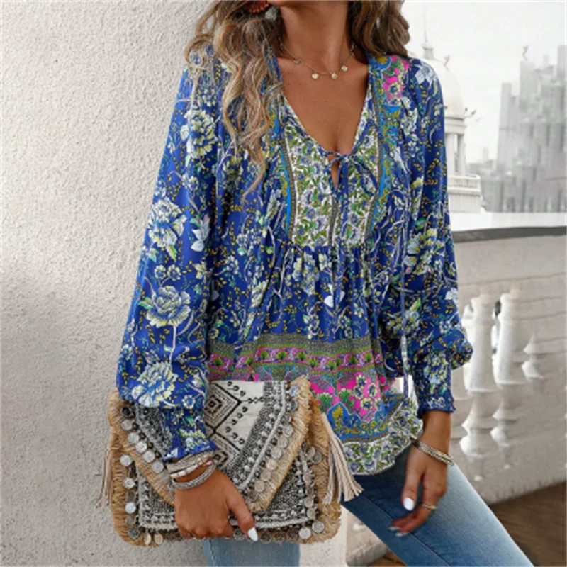 

Bohemian Blouse Women Shirt Lace Up Top Spring Autumn Blouses Long Sleeve Pullover Cotton Printed Tie Blous Loose Casual Shirt