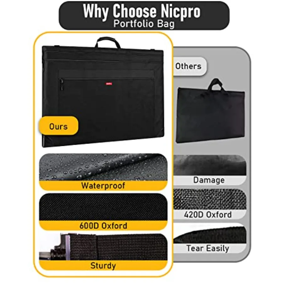 Lightweight Art Portfolio Bag 20x26 Inches Black Canvas Case with Detachable Shoulder Strap and Leather Corners for Protecting