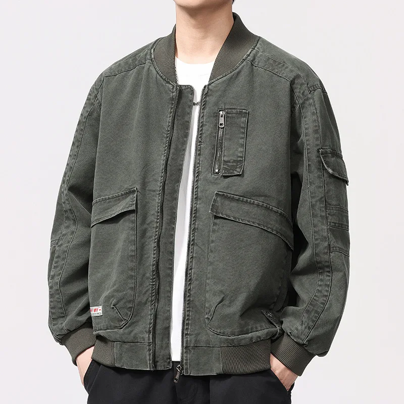 Men's American Retro Washed Cotton Spring Autumn Tooling Bomber Jacket Man Streetwear Fashion Loose Casual Cargo Jacket Coat