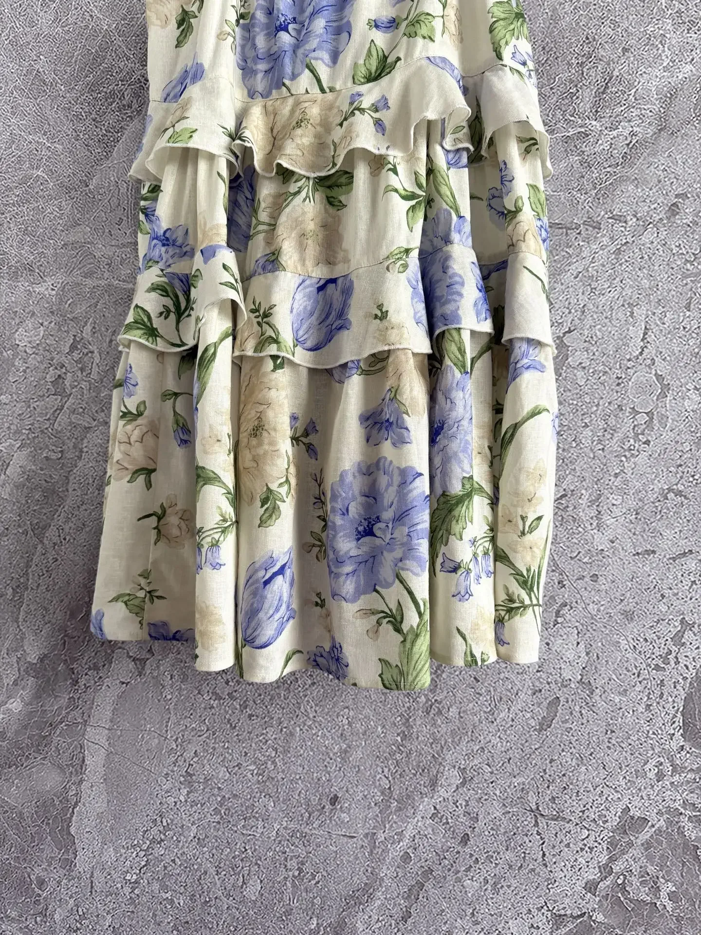 Flor impressão feminina estilingue boneca vestido babados em camadas gola quadrada sem mangas doce feminino linho mini robe