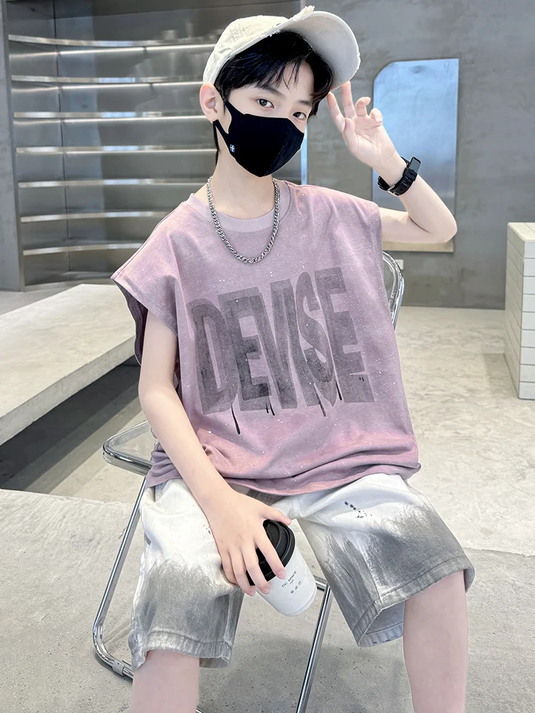 クールでトレンディーな男の子用夏服ノースリーブトップとショートパンツセット韓国スタイルのコットンスポーツウェア、5〜4歳の男の子向け
