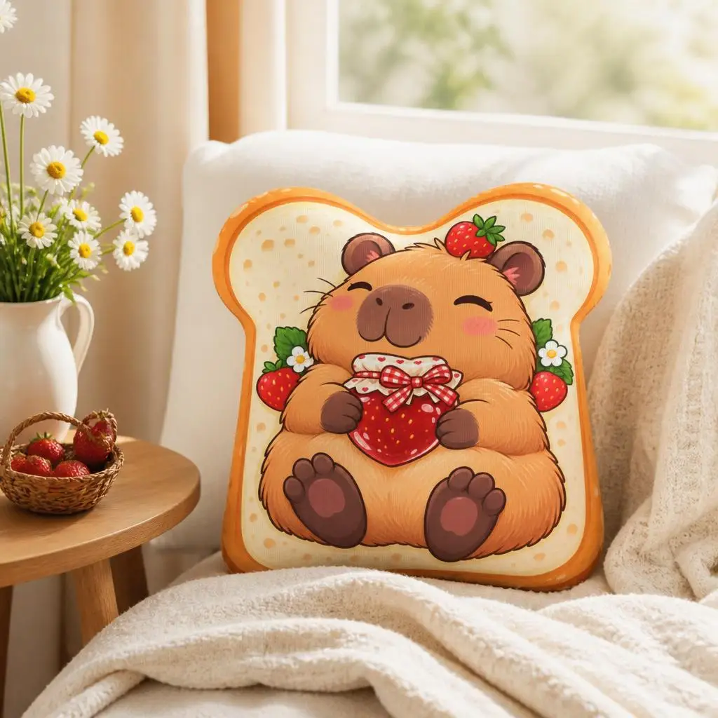 Capybara Strawberry Toast Shaped Pillow Cute Animal Plush Cushion Irregular Stuffed Throw Pillow Floor Decor Kids Room Gift