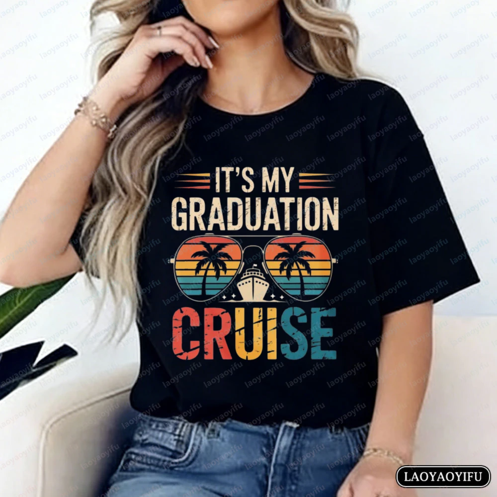 Grad Vacation Art Cotton Tee It's My Graduation Cruise T-Shirt for Women Tropical Streetwear Trend Class of 2026 Cruise Outfit
