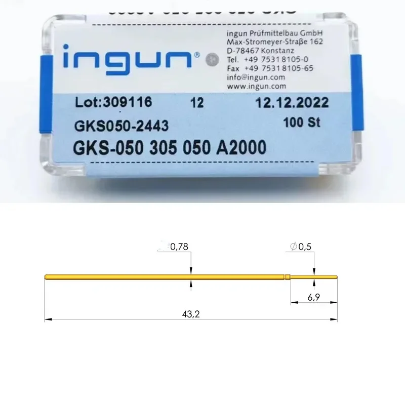 

100PCS INGUN Probe GKS050 305 050 A2000 Straight Up Round Head Spring Test Needle Outer Diameter 0.78mm Length 43mm For Testing