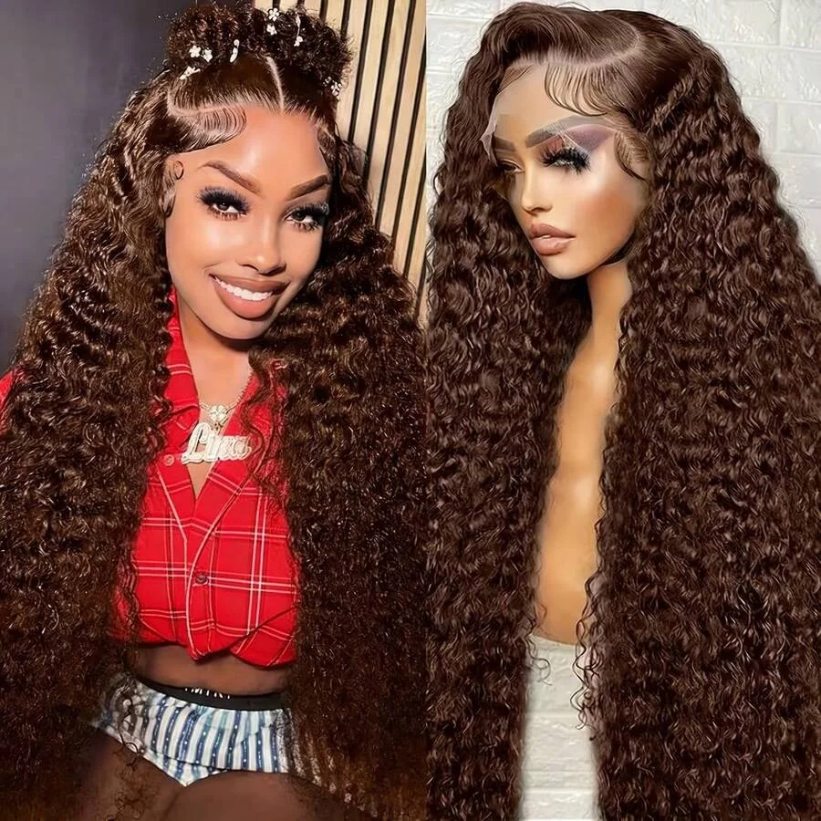 34 Inch 13x4 HD Chocolate Brown Deep Wave Lace Frontal Wigs Human Hair Burmese Colored 13x4 Water Curly Human Hair Wigs For Women 200 Density Preplucked image 5