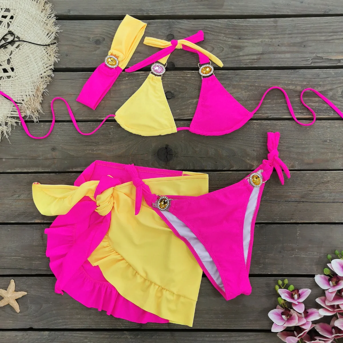 2024 Summer 4 Pieces Brazilian Bikinis Women Cut Out Swimwear Patchwork Beachwear Push Up Bathing Suit Halter Split Sets Female