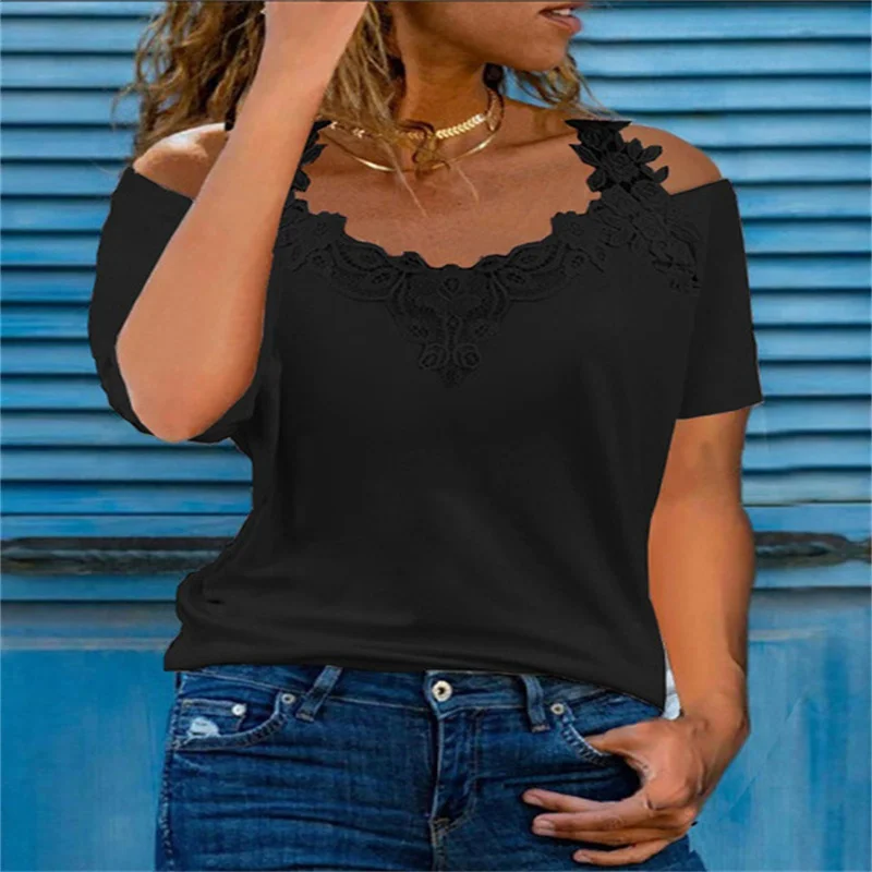 Sommer Kurzarm sexy Spitze Hemd Frauen lässig V-Ausschnitt lose T-Shirt Damen hohl von den Schultern Schlinge elegante Pullover Top – Detail 5
