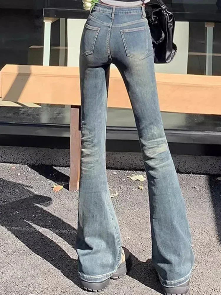 กางเกงยีนส์แฟชั่นทรงขาบานเอวสูงสำหรับผู้หญิง ทรงเข้ารูป ดีไซน์เนอร์ กางเกงเดนิมทรงกระดิ่ง สไตล์เรโทร สีน้ำเงิน ดำ เทา