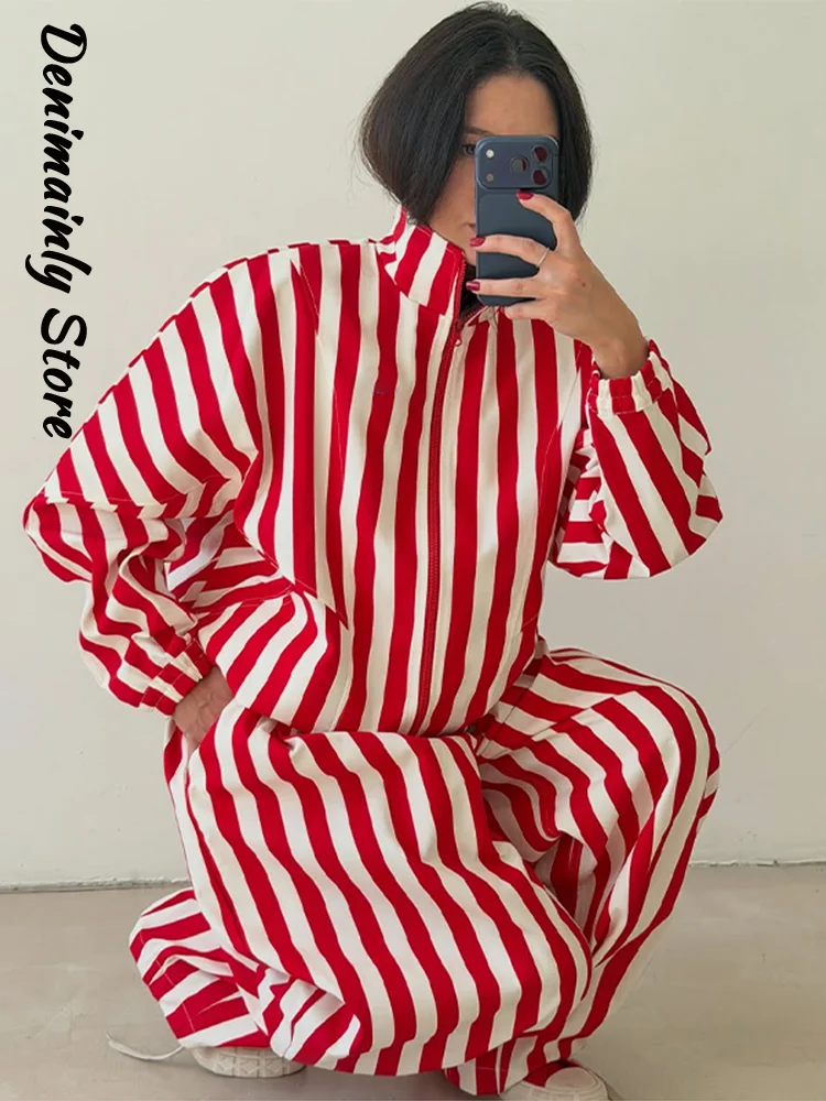Women's Contrasting Stripe 2 Piece Pant Set Loose Stand Collar Zipper Long Sleeve Coats Wide Leg Pants 2026 Autumn Lady Suit New