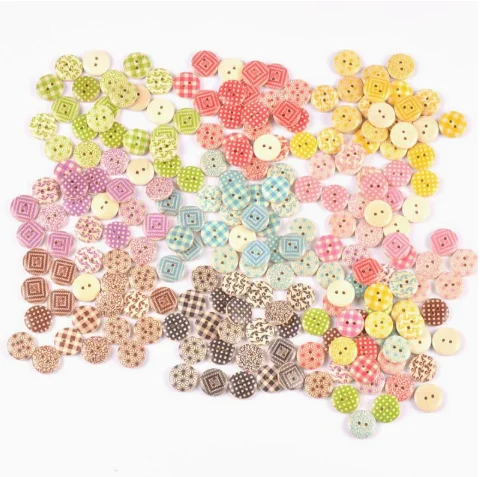 50pcs Colorful Geometric Pattern Wooden Buttons Pack DIY Handmade Decorative Buttons for Color-Coordinated Outerwear