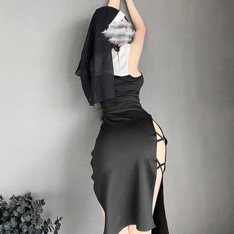 OJBK Nun Role Play Maid Cosplay Costume Suit Women Sexy Lingerie Dress Anime Nun Headgear Halloween Black Hollow Passion Uniform
