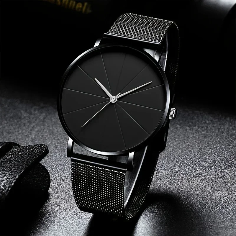 로즈 골드, 블랙 메쉬 스트랩 및 날짜 표시가 포함된 3피스 남성용 패션 쿼츠 시계 세트 - 아연 합금 케이스, 스테인레스 스틸 스트랩