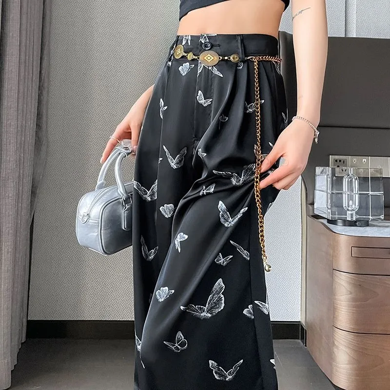 Butterfly Bronzing 3D Rendering Printed Niche Dark Style Women Casual Baggy Wide-leg Trousers Thin Drape Slim Floor Length Pants