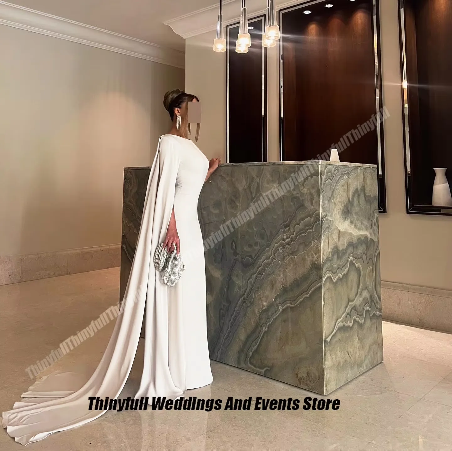 Thinyfull Mermaid Saudi Prom Dress Satin O-neck Full Sleeves Evening Party Gown Floor-length Customized Special Occasion Dress