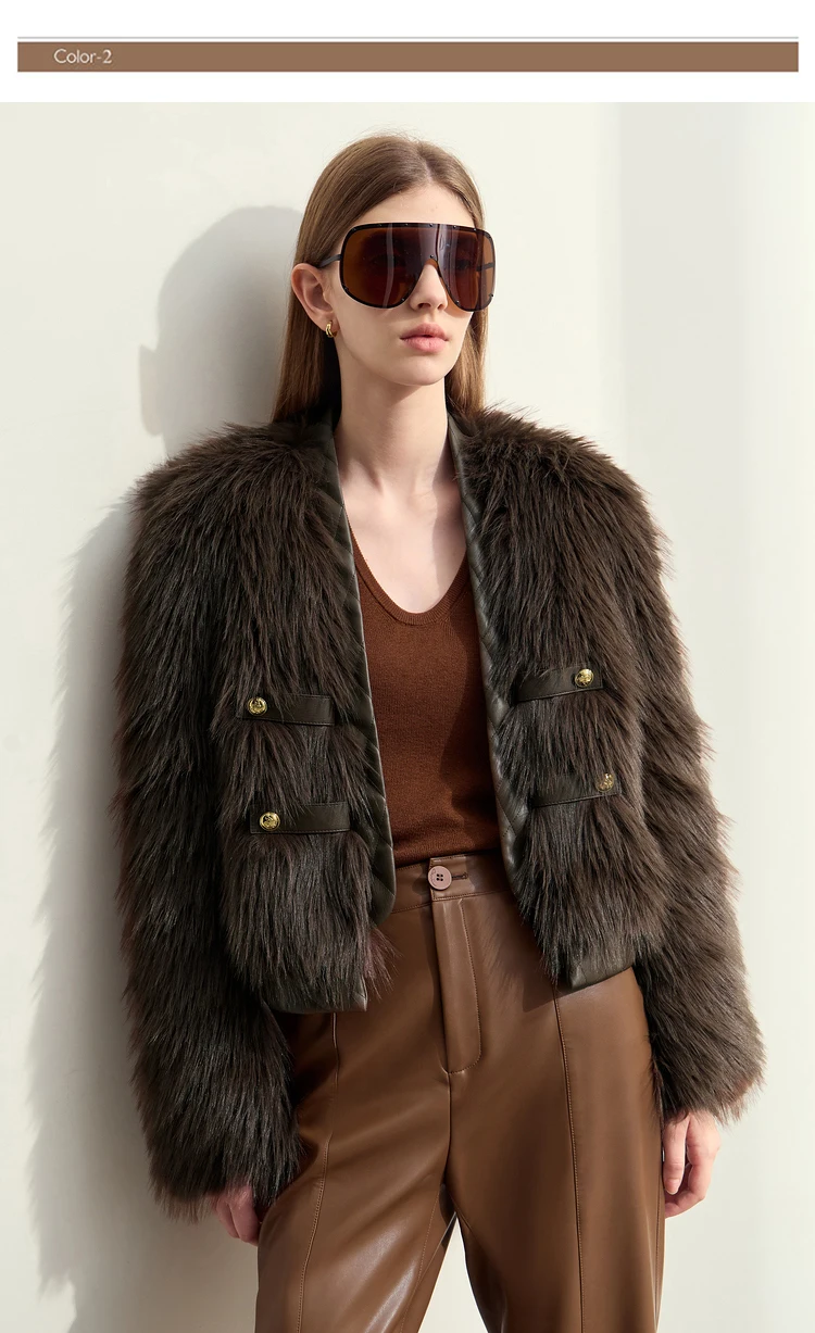 AMII 2026 Winter New Fur Jacket Solid Color Modern Warm Outerwear V-neck Imitation Fur Loose Spliced PU Top Female 12424012