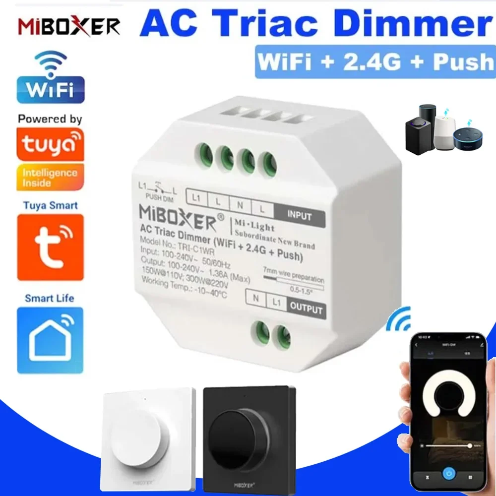 Miboxer Tuya WiFi LED Dimmer AC100-240V AC Triac Dimmer 2.4G Push Dimming Switch RF Rotating Panel Remote Control For LED Light
