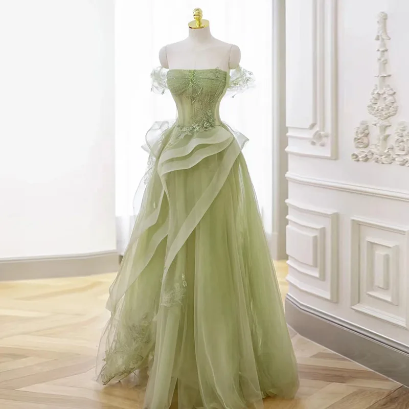 

Luxury Light Green Tulle A Line Long Evening Dresses Korea Wedding Party Prom Gowns Elegant Flowers Pearls Ruffles Ball Gown