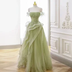 Luxury Light Green Tulle A Line Long Evening Dresses Korea Wedding Party Prom Gowns Elegant Flowers Pearls Ruffles Ball Gown