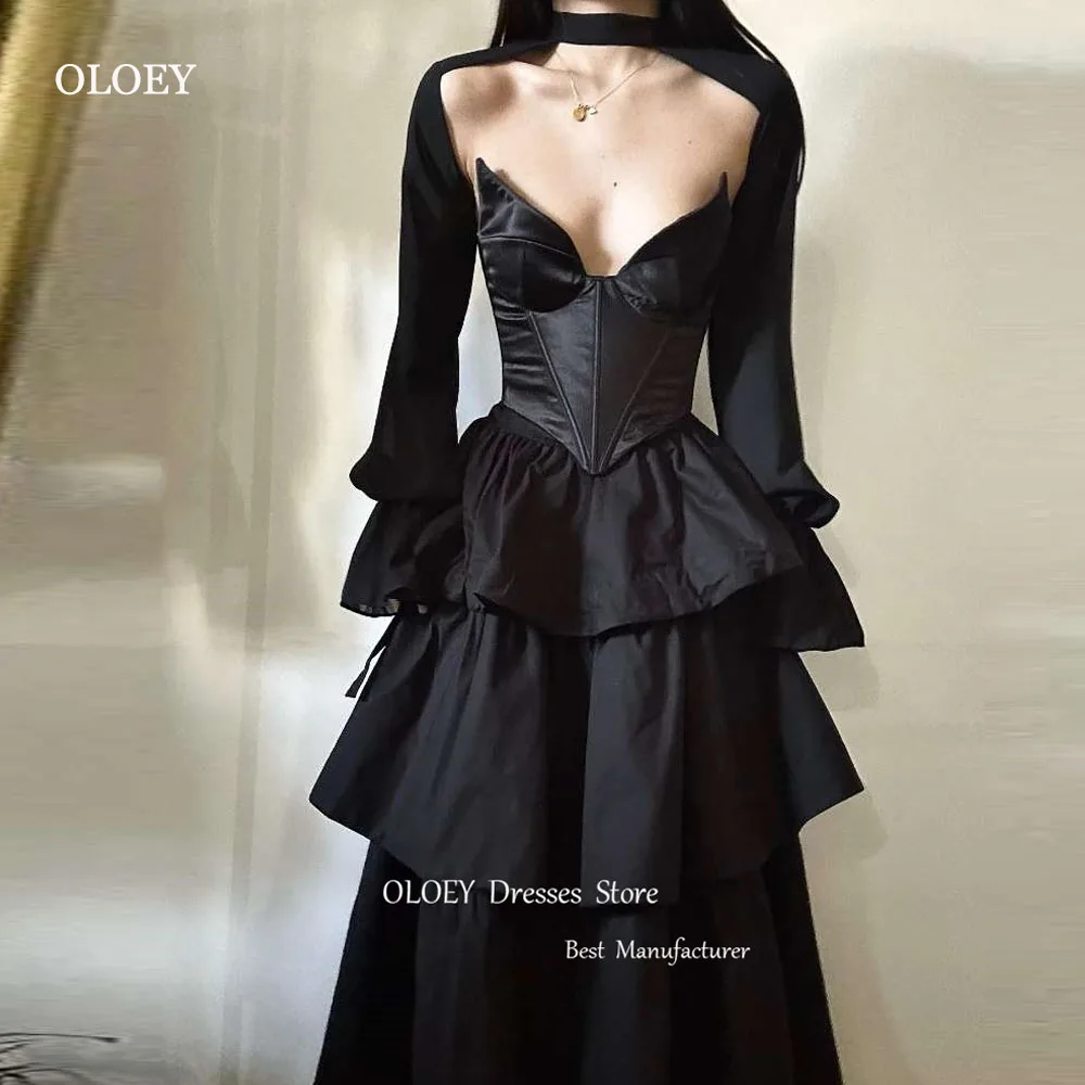 OLOEY Sexy Sweetheart A Line Evening Dresses Plunge Neckline Taffeta Jacket Long Sleeves Prom Gowns Formal Occasion Party Dress